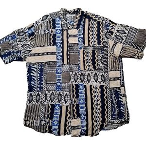 FABIO INGHIRAMI Men Large Blue Abstract 100% Viscose Camp Shirt Made In Italy